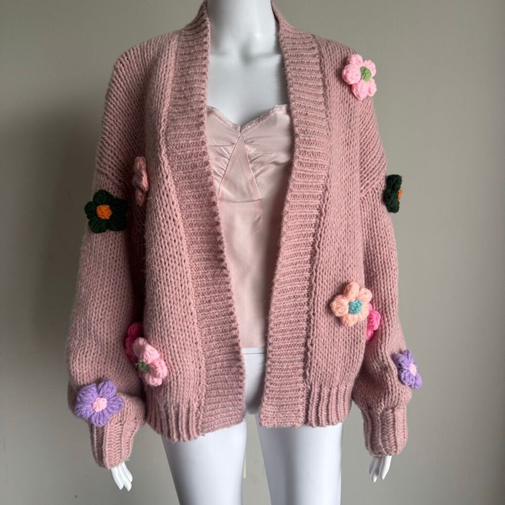 Duchamp London Chunky Open Knit Cardigan With Floral Appliqué Coquette Romantic